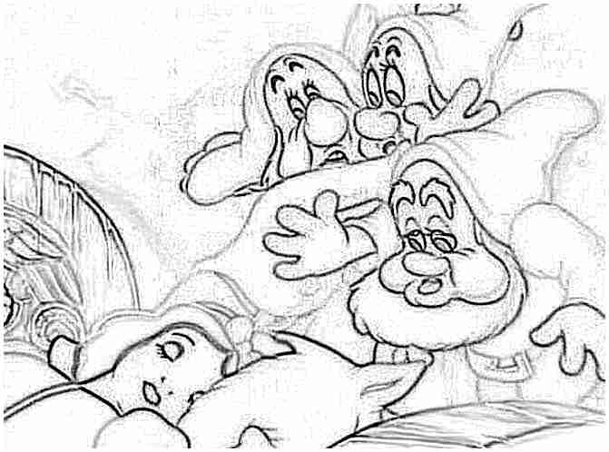 Los enanitos miran como duerme Blancanieves